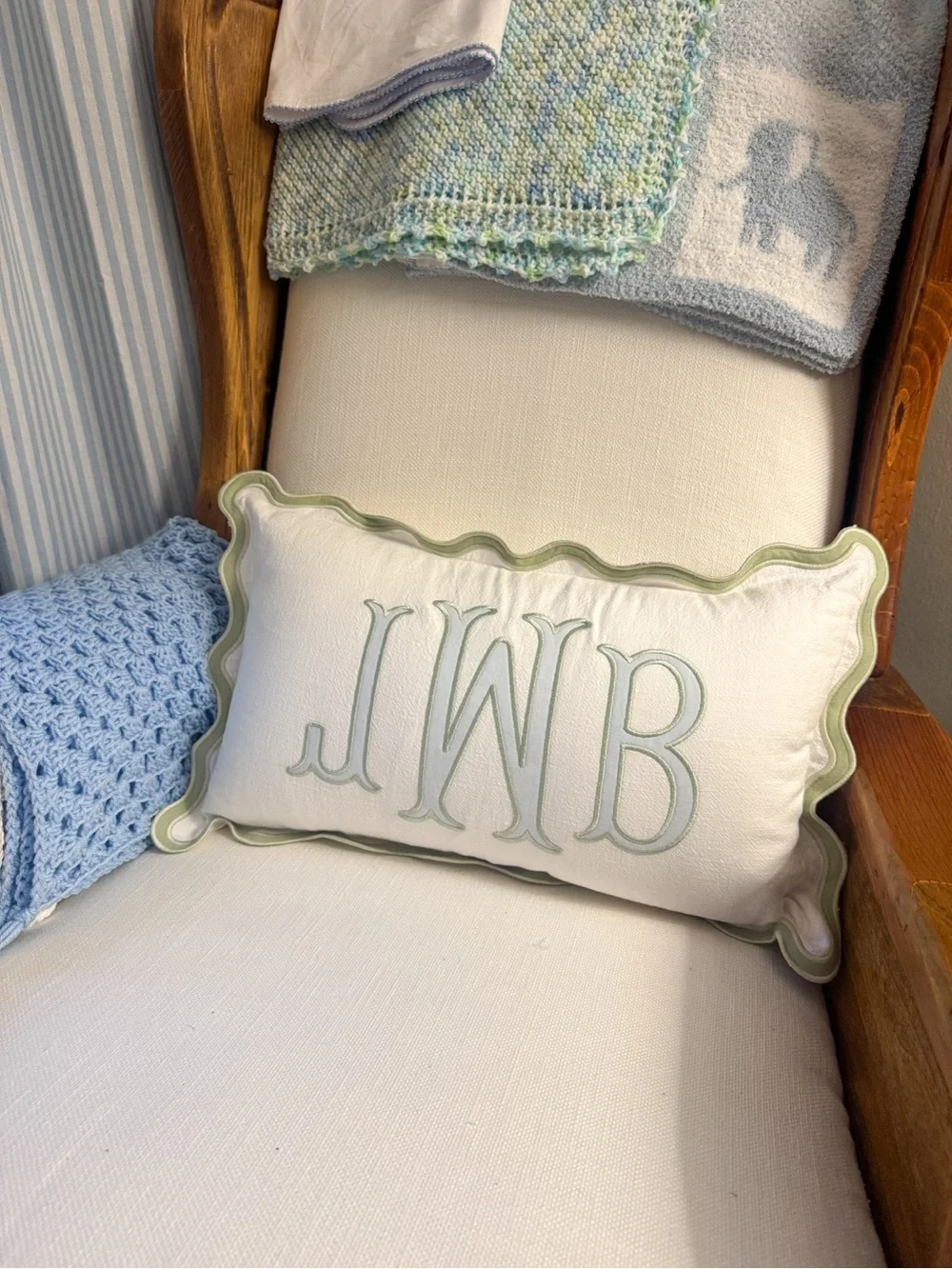 Monogrammed Ivory and Light Green Decorative Pillow - Personalized Accent